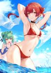  2girls absurdres armpits arms_behind_head arms_up bad_id bad_twitter_id bare_arms bare_shoulders bikini black_choker blue_sky breasts choker contrapposto day double_bun drooling female_pervert green_hair grin hair_ribbon heterochromia highres hiki_niito hololive houshou_marine long_hair looking_at_viewer medium_breasts multiple_girls navel one-piece_swimsuit orange_eyes outdoors pervert red_bikini red_eyes red_hair ribbon school_swimsuit shawl short_hair sky smile sparkling_eyes stomach string_bikini sunlight swimsuit thighs twintails uruha_rushia virtual_youtuber wading water wet yuri 
