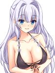  1girl 9-nine- arms_under_breasts bare_arms bare_shoulders bikini black_bikini blue_eyes blunt_bangs blush breasts collarbone commentary_request eyes_visible_through_hair flower front-tie_bikini_top front-tie_top hair_intakes halterneck highres kousaka_haruka large_breasts long_hair looking_at_viewer open_mouth purple_flower purple_hair shiny_skin simple_background smile solo straight_hair swimsuit tamba_i tsurime upper_body very_long_hair white_background 