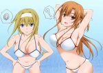  ? absurdres alice_zuberg armpits arms_behind_back asuna_(sao) bikini blonde_hair blue_background blue_eyes blush braid breasts breasts_apart brown_eyes brown_hair cleavage crown_braid gradient gradient_background groin hair_between_eyes hands_on_hips highres large_breasts leaning_forward long_hair looking_at_viewer open_mouth shiny shiny_skin spoken_question_mark spoken_squiggle squiggle swimsuit sword_art_online teeth teto0315 thighs tongue white_bikini white_headwear 