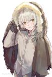  1boy :d arm_up bangs blush brown_coat brown_eyes brown_pants coat collared_shirt commentary_request cowboy_shot crossed_bangs csyday eyebrows_behind_hair fumetsu_no_anata_e fur-trimmed_hood fur_trim hair_between_eyes hair_over_face hood hood_up hooded_coat long_sleeves looking_at_viewer male_focus messy_hair nose_blush open_mouth pants shirt short_hair sidelocks simple_background smile solo tsurime twitter_username white_background white_hair white_shirt 