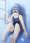  1girl barefoot black_hair blue_one-piece_swimsuit breasts brown_eyes commission competition_school_swimsuit diving_mask freediving goggles highres long_hair one-piece_swimsuit original pixiv_commission pool_ladder school_swimsuit shibacha sitting small_breasts solo swimsuit tile_floor tile_wall tiles underwater 