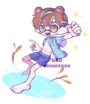  1boy animal_ears arm_up barefoot bear_boy bear_ears blue_shirt blue_shorts brown_hair commentary_request commission full_body highres inkling inkling_boy inkling_player_character korean_commentary male_focus navel no_eyewear open_clothes open_shirt print_shirt shirt short_hair shorts simple_background solo sparkle splatoon_(series) tentacle_hair ufo_sw watermark white_background yellow_eyes 