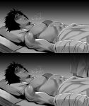  1boy absurdres bandages bangs bed_sheet closed_eyes fate/grand_order fate_(series) greyscale highres hxd lying monochrome on_back open_mouth short_hair sleeping 