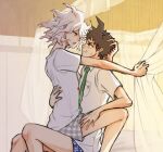  2boys ahoge bangs blue_male_underwear blush breast_pocket brown_hair curtain_grab curtains danganronpa_(series) danganronpa_2:_goodbye_despair english_commentary green_neckwear grin hand_on_another&#039;s_back hand_on_another&#039;s_head hand_on_another&#039;s_thigh hinata_hajime indoors komaeda_nagito long_neck looking_at_another male_focus male_underwear multiple_boys necktie on_lap open_mouth plaid pocket shirt short_hair short_sleeves sitting smile straddling sweatdrop teeth underwear white_hair yandr4hope yaoi 