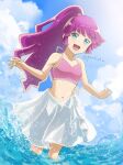  1girl blue_eyes blue_sky breasts cloud commentary highres kirishima_romin long_hair looking_at_viewer midriff navel pochi_(furaigonn) ponytail purple_hair sky small_breasts smile solo swimsuit very_long_hair water yu-gi-oh! yu-gi-oh!_sevens 