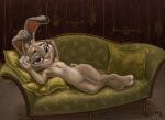 2024 absurd_res anthro bedroom_eyes clothed clothing digital_media_(artwork) digital_painting_(artwork) disney draw_me_like_one_of_your_french_girls female flat_chested fur furniture grey_body grey_fur hareluca hi_res jewelry judy_hopps lagomorph leporid lying lying_on_sofa mammal meme narrowed_eyes necklace nude on_side on_sofa pillow pose rabbit seductive smile sofa solo titanic zootopia