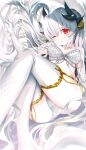  1girl bra breasts dragon_girl dragon_horns elbow_gloves fate/grand_order fate_(series) gloves grey_hair highres horns kiyohime_(fate) large_breasts morizono_shiki multiple_horns one_eye_closed panties red_eyes solo thighhighs underwear underwear_only white_bra white_gloves white_legwear white_panties 