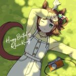  1girl ahoge animal_ears camera character_name closed_mouth dress green_eyes hair_rings happy_birthday horse_ears horse_girl horse_tail jewelry kashinoki_(koaaski) long_sleeves lying multicolored_hair necklace on_back one_eye_closed outdoors pinafore_dress rhein_kraft_(umamusume) shade shirt short_hair sleeveless sleeveless_dress solo streaked_hair tail umamusume upper_body white_dress yellow_shirt 