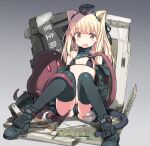  1girl alien animal_ears bikini black_bikini black_thighhighs blonde_hair boots brown_eyes cat_ears cat_tail commentary_request copyright_request garrison_cap hat jacket knees_up long_hair micro_bikini open_clothes open_jacket shimada_fumikane sitting string_bikini sweatdrop swimsuit tail tentacles thighhighs 