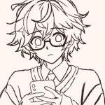  1boy alternate_costume animification blush glasses holding holding_phone iggy_maxwell male_focus monochrome necktie our_wonderland phone short_hair solo sweater try_froggery upper_body 