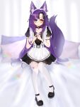 1girl absurdres animal_ear_fluff animal_ears artist_name awful_queen_(vtuber) bell blush fox_ears fox_girl fox_tail heterochromia highres indie_virtual_youtuber looking_at_viewer maid maid_headdress monster_girl neck_bell on_bed pillow sixteen_moons tail thighhighs 
