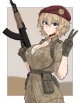  1girl absurdres akm assault_rifle beret blonde_hair blue_eyes blurry blurry_background breast_pocket breasts brown_gloves camouflage camouflage_pants camouflage_shirt cleavage elf expressionless eyebrows_hidden_by_hair formicid gloves gun hand_up hat highres inset_border kalashnikov_rifle looking_at_viewer military_uniform original pants pocket pointy_ears pouch rifle shirt short_hair sleeves_rolled_up solo sweat trigger_discipline uniform upper_body v weapon 
