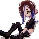  1girl black_footwear blue_hair boots cephalopod_eyes dedf1sh ear_piercing earrings gradient_hair hair_over_one_eye highres jewelry long_hair multicolored_hair octoling piercing red_hair simple_background solo splatoon_(series) splatoon_3 splatoon_3:_side_order syumuchan tentacle_hair two-tone_hair white_background yellow_eyes 