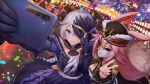  2girls animal_ears architecture bangs black_dress black_headwear blue_eyes breasts city_lights cleavage closed_mouth confetti dress festival fireworks fox_ears gloves hair_between_eyes hat highres honkai_(series) honkai_impact_3rd italy kallen_kaslana long_hair long_sleeves mask multiple_girls night night_sky outdoors pink_hair purple_dress purple_gloves road selfie sky smile street v venice white_hair xfate yae_sakura 