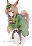  1girl absurdres animal_ears arm_under_breasts ascot black_ascot black_thighhighs boots breasts brown_hair center_frills character_name closed_mouth ear_ornament frills full_body green_skirt highres horse_ears horse_girl horse_tail hukurou96 leaning_forward long_hair looking_at_viewer satono_diamond_(umamusume) shirt shrug_(clothing) skirt small_breasts smile solo standing tail thighhighs umamusume white_footwear white_shirt yellow_eyes 