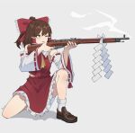  1girl ;p absurdres aiming bolt_action bow brown_footwear brown_hair detached_sleeves frilled_bow frilled_skirt frills gar32 grey_background gun hair_bow hair_tubes hakurei_reimu highres holding holding_gun holding_weapon loafers long_hair midriff_peek mosin-nagant on_one_knee one_eye_closed red_bow red_shirt red_skirt rifle shide shirt shoes simple_background skirt sleeveless sleeveless_shirt smoke smoking_gun socks solo tongue tongue_out touhou weapon white_sleeves white_socks wide_sleeves 