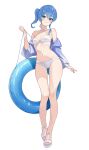  1girl absurdres armpit_crease ass_visible_through_thighs bare_legs bare_shoulders bikini blue_eyes blue_hair blue_jacket blue_nails blush breasts closed_mouth collarbone commentary_request fawny full_body hair_between_eyes head_tilt highres holding holding_swim_ring hololive hoshimachi_suisei jacket legs light_smile medium_breasts nail_polish navel o-ring o-ring_bikini o-ring_top off_shoulder open_clothes open_jacket sandals side_ponytail sidelocks simple_background solo standing star_(symbol) star_in_eye stomach swim_ring swimsuit symbol_in_eye toenail_polish toenails toes virtual_youtuber white_background white_bikini white_footwear 