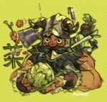  1boy beard blush cabbage carrot cropped_torso dungeon_meshi dwarf facial_hair fake_horns farmer food green_background helmet holding holding_food holding_vegetable horned_helmet horns long_beard looking_ahead male_focus onion senshi_(dungeon_meshi) solo swymsuyt thick_mustache vegetable very_long_beard 