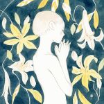  1girl androgynous back blonde_hair colored_skin completely_nude floral_background flower green_background kst1911 lily_(flower) nude original painting_(medium) profile short_hair skinny solo traditional_media upper_body watercolor_(medium) white_flower white_skin yellow_flower 