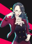  1girl absurdres ascot belt_buckle buckle commentary cosplay cowboy_shot english_commentary formal glasses grey_eyes gyakuten_saiban hair_ornament hand_on_eyewear hand_on_hip highres lipstick long_hair looking_at_viewer makeup mauve_jacket mitsurugi_reiji mitsurugi_reiji_(cosplay) nail_polish niijima_sae parted_lips persona persona_5 side_part silver_hair solo sparkle sparkling_eyes striped striped_background suit trait_connection waistcoat wanderstillart 