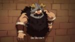  1boy ass ass_focus bara beard biceps blush constricted_pupils dungeon_meshi dwarf facial_hair fake_horns glory_wall helmet highres horned_helmet horns long_beard male_focus saturday_(hokawazu) senshi_(dungeon_meshi) solo subtitled thick_mustache through_wall upper_body very_long_beard 