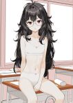  1girl black_hair bra breasts classroom collarbone desk glasses highres indoors long_hair looking_at_viewer messy_hair moonsorrow navel on_desk original panties parted_lips red_eyes school_desk sitting small_breasts solo training_bra underwear white_bra white_panties window 