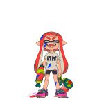  1girl :d ^_^ arms_at_sides bike_shorts black_shorts blunt_bangs closed_eyes cross-laced_footwear facing_viewer fangs full_body happy holding holding_weapon ink_tank_(splatoon) inkling inkling_girl inkling_player_character lip_(lih8) long_hair open_mouth paint_splatter paint_splatter_on_face pink_footwear pointy_ears print_shirt red_hair shirt shoes short_sleeves shorts signature smile sneakers solo splatoon_(series) splatoon_1 splattershot_(splatoon) tentacle_hair twintails weapon white_background white_shirt 