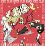  3girls animal_hood bangs black_pants blonde_hair blue_eyes candy chinese_border chinese_clothes clenched_hand commentary confetti double_bun eating fighting_stance food green_hair green_shirt gumi hair_ornament hairclip highres holding holding_candy holding_food holding_lollipop hood kagamine_rin leg_up light_blush lollipop looking_at_viewer mika-chan multiple_girls open_mouth outstretched_hand panda panda_hood pants pink_hair red_background red_eyes red_shirt red_vest shirt short_hair smile soyaka standing standing_on_one_leg star_(symbol) swept_bangs v v-shaped_eyebrows vest vocaloid white_pants yi_er_fan_club_(vocaloid) 