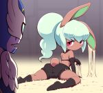  1boy 1girl animal_ears aqua_hair ass blush boots bunny_mint character_request from_behind frown high_ponytail long_hair looking_back midriff nollety rabbit_ears rabbit_girl rabbit_tail red_eyes solo_focus tail youkai_(youkai_watch) youkai_watch 