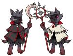 anthro aym_(cult_of_the_lamb) baal_(cult_of_the_lamb) clothed clothing cult_of_the_lamb domestic_cat duo felid feline felis fluffy holding_object holding_weapon looking_at_viewer male mammal massive_monster_(studio) prick_ears red_eyes simple_background staff standing unknown_artist veil weapon white_background