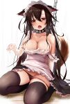  1girl alternate_costume animal_ear_fluff animal_ears bare_shoulders black_legwear black_ribbon blush breasts brown_eyes brown_panties chain cleavage collar collarbone commentary_request efe elbow_gloves enmaided gloves hair_between_eyes hair_ribbon highres imaizumi_kagerou large_breasts long_hair looking_at_viewer maid maid_headdress open_mouth panties revision ribbon see-through simple_background sitting solo tail thighhighs thighs touhou underwear wariza wet wet_clothes wet_hair white_background white_gloves wolf_ears wolf_girl wolf_tail 