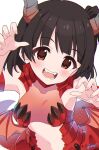  1girl armpits bare_shoulders black_hair blunt_bangs blush breasts brown_eyes claw_pose claws collarbone dot_nose dragon_horns dragon_wings fangs hands_up highres horns idolmaster idolmaster_million_live! idolmaster_million_live!_theater_days ima_(lm_ew) lizard_tail looking_at_viewer low_wings monster_girl nakatani_iku navel official_alternate_costume open_mouth red_scales short_hair sidelocks simple_background small_breasts smlltb solo straight_hair tail teeth upper_body white_background wings 