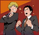  2boys black_eyes black_hair blonde_hair brown_necktie clenched_hands coattails collared_jacket collared_shirt commentary_request crossed_arms dated fingernails grey_jacket grin jacket layered_sleeves light_blush long_sleeves male_focus messy_hair mob_psycho_100 multiple_boys necktie open_mouth pointing purple_necktie red_background reigen_arataka serizawa_katsuya sharp_teeth shirt short_hair signature simple_background smile sparkle sweatdrop teeth thick_eyebrows u_u_ki_u_u upper_body upper_teeth_only white_shirt wide-eyed 