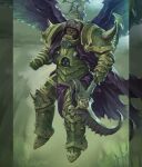  1boy armor armored_boots boney_face boots border breastplate cataracts chain chaos_(warhammer) clawed_gauntlets clenched_hand commentary couter crotch_plate cuirass death_guard demon_primarch demon_wings english_commentary flying full_body gauntlets greaves green_armor green_background grohgrog highres holding holding_scythe holding_weapon injury insect_wings leg_armor making-of male_focus monster mortarion moth_wings no_nose no_pupils nurgle pauldrons pelvic_curtain pillarboxed poleyn power_armor primarch purple_wings rerebrace respirator scythe shoulder_armor shoulder_spikes silence_(weapon) skull skull_ornament spiked_hood spiked_pauldrons spikes torn_wings warhammer_40k weapon white_eyes wings 