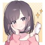  1girl blush bow braid brown_eyes brown_hair choker clothing_cutout commentary elma07 hair_bow hand_on_own_cheek hand_on_own_face long_sleeves looking_to_the_side medium_hair powder_puff project_sekai shinonome_ena shoulder_cutout smile solo sparkle upper_body 