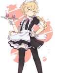  1boy :t aether_(genshin_impact) ahoge apron bangs black_legwear black_shirt blonde_hair blush bow braid center_frills collared_shirt crossdressing diamond_button drink english_commentary feet_out_of_frame frilled_apron frilled_skirt frills genshin_impact glass hand_on_hip highres holding holding_tray ice ice_cube knees long_hair looking_at_viewer maid_apron maid_headdress male_focus nemuritaaii otoko_no_ko pout puffy_short_sleeves puffy_sleeves shirt short_sleeves single_braid skirt standing thighhighs thighs tray twitter_username white_apron wing_collar wrist_cuffs yellow_eyes 