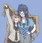  2girls :d alternate_costume armband blue_armband blue_background blue_eyes blue_hair blue_nails blue_necktie blue_shirt blunt_bangs brmameng brown_coat brown_eyes brown_hair brown_sailor_collar brown_skirt coat coat_over_head colored_inner_hair feather_hair_ornament feathers glasses grey_skirt hair_ornament hand_on_another&#039;s_waist hand_on_own_hip highres hime_cut hololive hololive_english long_hair looking_at_another multicolored_hair multiple_girls nanashi_mumei neckerchief necktie ouro_kronii pleated_skirt ponytail rain sailor_collar shirt skirt smile streaked_hair striped_necktie very_long_hair virtual_youtuber yuri 