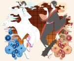  2boys black_eyes black_hair black_kimono black_sleeves blue_flower boots buttons club_(weapon) coat coin collared_coat crossed_arms dangle_earrings demon_horns earrings eyeshadow face-to-face flower flower_knot from_side full_body hakutaku_(hoozuki_no_reitetsu) holding holding_club holding_smoking_pipe holed_coin hoozuki_(hoozuki_no_reitetsu) hoozuki_no_reitetsu horns japanese_clothes jewelry kimono lab_coat long_sleeves makeup male_focus momochi_(orrizonte) multiple_boys pants parted_lips pocket pointy_ears red_eyeshadow red_flower red_ribbon red_sleeves ribbon ribbon_earrings sandals short_hair simple_background smile smoke smoking_pipe socks spiked_club tabi two-sided_sleeves weapon white_coat white_footwear white_pants white_sleeves white_socks wide_sleeves window yellow_background yellow_footwear yellow_horns zouri 