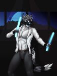absurd_res anthro athletic athletic_anthro athletic_male bottomwear canid canine canis clothed clothing dancing fur glowstick hair hi_res looking_at_viewer male mammal nipples open_clothing open_shirt open_topwear pants partially_clothed party sabertooth scar shimo_(shim0h) shirt simple_background smile solo tail teremunart topwear wolf