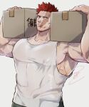  1boy bara beard blue_eyes boku_no_hero_academia box carrying_over_shoulder covered_abs facial_hair large_pectorals looking_at_viewer mahoubin_(totemo_hot_dayo) male_focus mature_male muscular muscular_male pectorals red_hair scar scar_across_eye see-through shirt short_hair sideburns sidepec solo spiked_hair stubble sweat tank_top todoroki_enji upper_body wet wet_clothes wet_shirt white_tank_top 