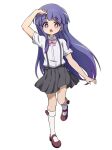  1girl :d arm_at_side arm_up blurry bow bowtie bright_pupils collared_shirt commentary_request depth_of_field dress_shirt floating_hair full_body furude_rika grey_skirt happy highres higurashi_no_naku_koro_ni kneehighs light_blush long_hair looking_at_viewer mary_janes miniskirt nishizuki_shino open_mouth pink_bow pink_bowtie pleated_skirt purple_eyes purple_hair red_footwear shirt shoes short_sleeves simple_background skirt smile socks solo standing standing_on_one_leg straight_hair suspender_skirt suspenders tareme very_long_hair white_background white_pupils white_shirt white_socks 