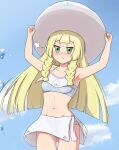  1girl :t =3 arms_up bangs bikini bikini_bottom blonde_hair blunt_bangs blush braid breasts closed_mouth cloud collarbone commentary_request day eyelashes green_eyes hands_on_headwear hat highres lillie_(pokemon) long_hair looking_at_viewer mockingeu navel outdoors pokemon pokemon_(anime) pokemon_sm_(anime) pout skirt sky solo sun_hat swimsuit twin_braids water water_drop white_headwear white_skirt 