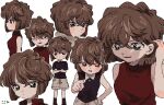  1girl bare_arms bare_shoulders black_shirt blush bob_cut brown_hair child collared_shirt crossed_arms flustered green_eyes grey_shorts haibara_ai hand_on_own_hip hand_up jitome looking_ahead looking_at_viewer looking_to_the_side meitantei_conan multiple_views profile red_shirt shirt short_hair shorts simple_background sleeveless sleeveless_shirt smile smug standing tucking_hair usa_(pixiv53103227) white_background 