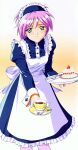  1990s_(style) apron blush closed_mouth cup eyebrows_visible_through_hair feet_out_of_frame food fork green_eyes highres holding holding_plate juliet_sleeves kokura_masashi long_sleeves looking_at_viewer maid maid_headdress official_art pantyhose pink_hair plate puffy_sleeves retro_artstyle scan smile spoon strawberry_shortcake tea teacup tokimeki_memorial tokimeki_memorial_2 white_apron white_legwear yae_kaori 