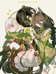  1girl 1other ahoge animal animal_ears black_cat black_eyeliner black_hair brown_corset cat character_name corset cup ear_covers eyeliner frilled_kimono frills green_kimono hair_between_eyes highres hikawayunn horse_ears horse_girl horse_tail japanese_clothes kimono long_bangs long_hair long_sleeves maid makeup manhattan_cafe_(verdant_night)_(umamusume) official_alternate_costume official_alternate_hairstyle paw_print single_ear_cover smile solo tail tea teacup teapot umamusume yellow_eyes 