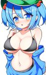  1girl bare_shoulders bikini black_bikini blue_eyes blush breasts cleavage collarbone commentary_request green_hat gyuta hair_bobbles hair_ornament heart heart-shaped_pupils highres kawashiro_nitori large_breasts looking_at_viewer navel open_mouth simple_background solo swimsuit symbol-shaped_pupils touhou two_side_up upper_body white_background 