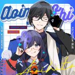  1boy 1girl :3 :p adjusting_eyewear black-framed_eyewear black_gloves black_hair black_shirt blue_eyes blue_jacket blue_neckerchief blue_sailor_collar character_name collared_shirt gloves grin hair_between_eyes height_difference highres jacket long_hair long_sleeves looking_at_viewer low_twintails neckerchief nijisanji off_shoulder one_eye_closed ponto_nei ponto_nei_(1st_costume) purple_eyes red-framed_eyewear sailor_collar school_uniform shikinagi_akira shikinagi_akira_(1st_costume) shirt short_hair smile srkm_ice tongue tongue_out twintails virtual_youtuber 