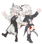  2girls alina_(arknights) animal_ears antlers arknights arm_up ascot black_ascot black_dress black_footwear black_jacket blue_eyes boots bright_pupils closed_mouth commentary deer_antlers deer_ears dress fang grey_eyes grey_hair hair_ornament hairclip highres horns jacket jewelry long_hair long_sleeves molu_stranger multiple_girls open_mouth outstretched_arms pointy_ears ring smile talulah_(arknights) wedding_ring white_background white_dress white_hair white_pupils wife_and_wife 