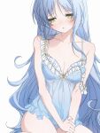  1girl babydoll bare_legs blue_babydoll blue_hair blue_panties blush borrowed_character breasts commentary_request highres long_hair looking_to_the_side original panties parted_lips simple_background sitting small_breasts solo underwear usurai_rairai white_background yellow_eyes 