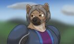  2024 5:3 absurd_res anthro armor blue_clothing blurred_background brown_body brown_fur chainmail clothing cloud colored female fur grey_hair hair head_turned hi_res hyena jaqueline_(panzerschreckleopard) mammal mature_female notched_ear orange_eyes panzerschreckleopard plate_armor purple_clothing sharp_teeth snarling solo spotted_hyena teeth 